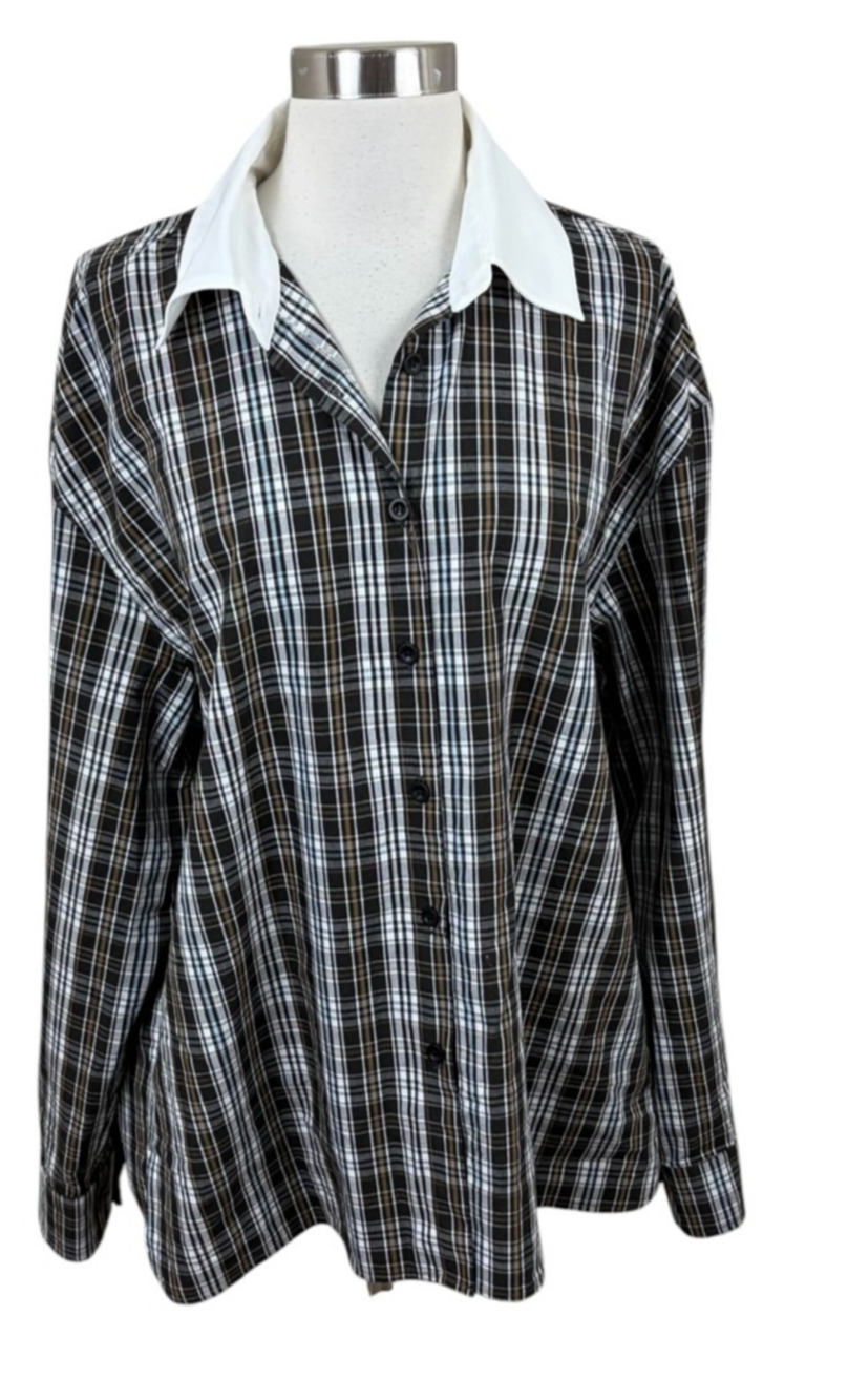 The Frankie Shop Plaid White Collar Oversized Button Blouse Size M Quiet Luxury
